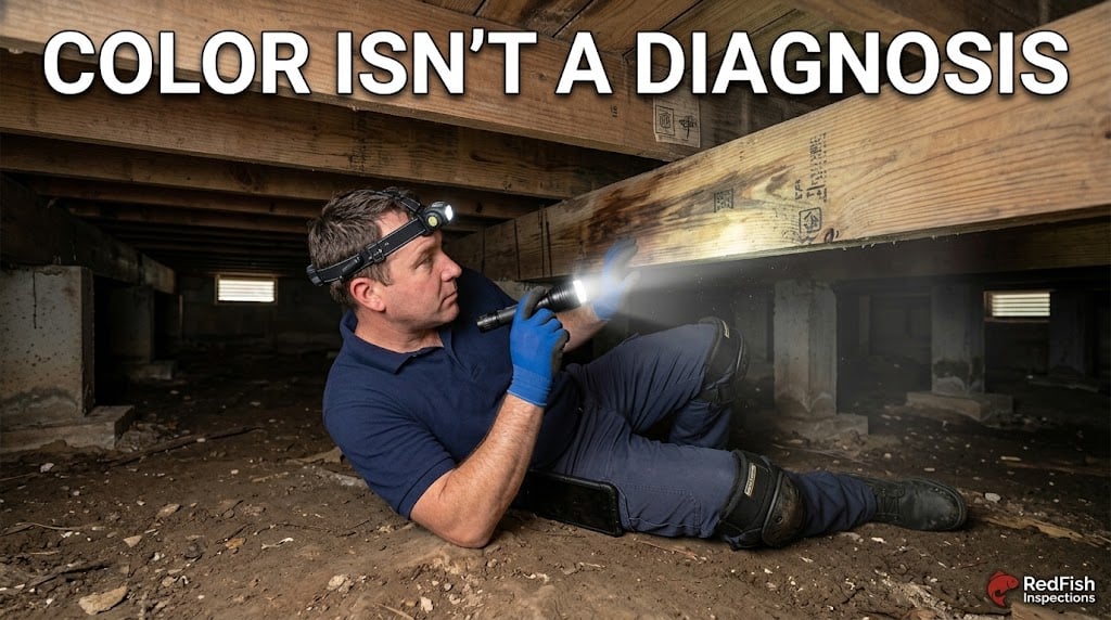 Inspector examining discolored wood framing in a crawl space for visible moisture-related conditions