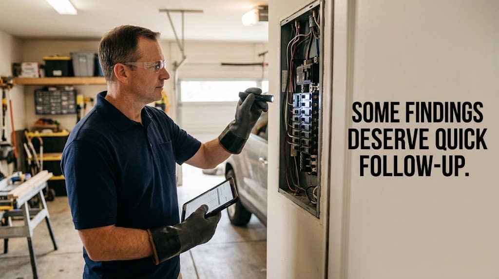 Home inspector evaluating an electrical panel condition that may require professional follow-up
