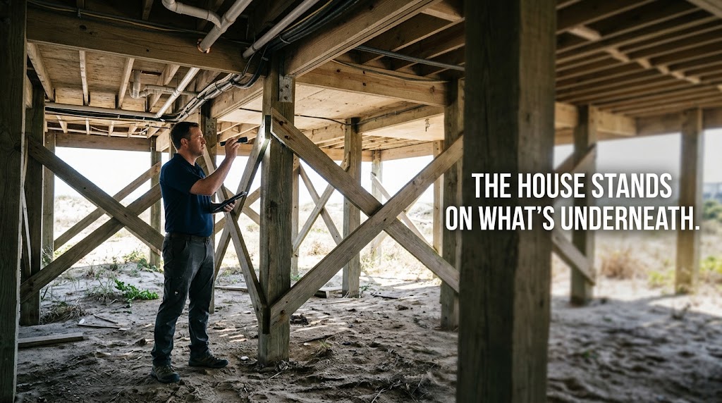 Home inspector examining pilings and framing beneath an elevated coastal home