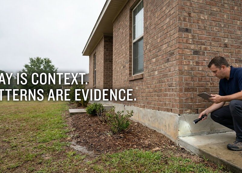 Home inspector examining a slab foundation on expansive clay soil in Brazoria County