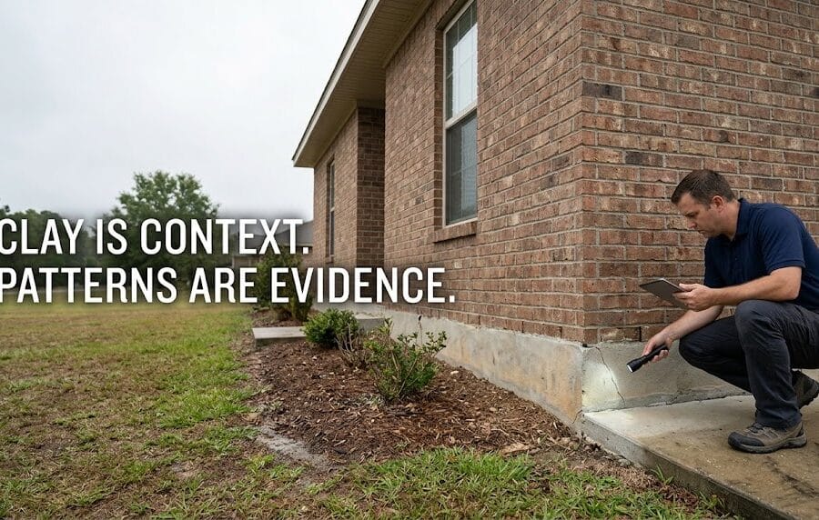 Home inspector examining a slab foundation on expansive clay soil in Brazoria County