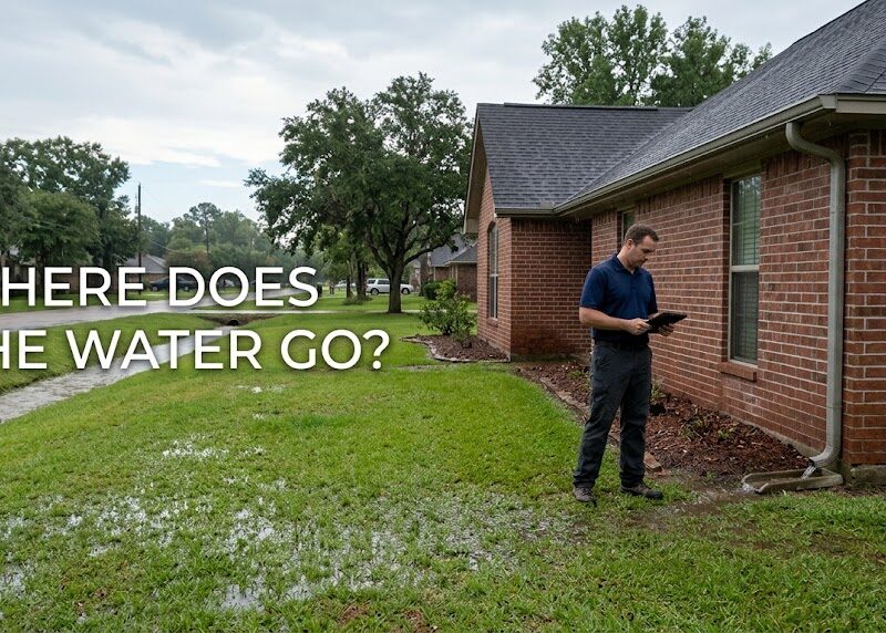 Home inspector observing drainage after heavy rain at a home in Brazoria County, Texas