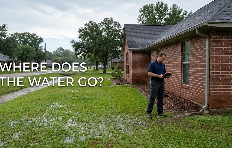 Home inspector observing drainage after heavy rain at a home in Brazoria County, Texas