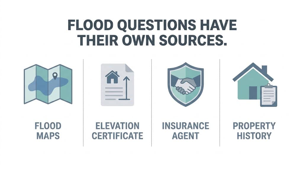 Graphic showing sources of flood information for Brazoria County home buyers