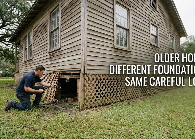 Home inspector examining the crawl space of a pier-and-beam home in East Harris County