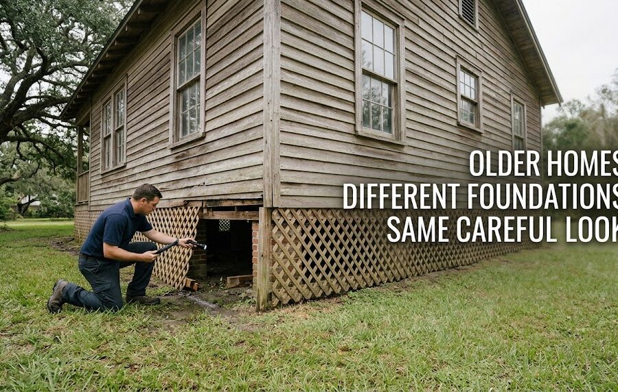 Home inspector examining the crawl space of a pier-and-beam home in East Harris County