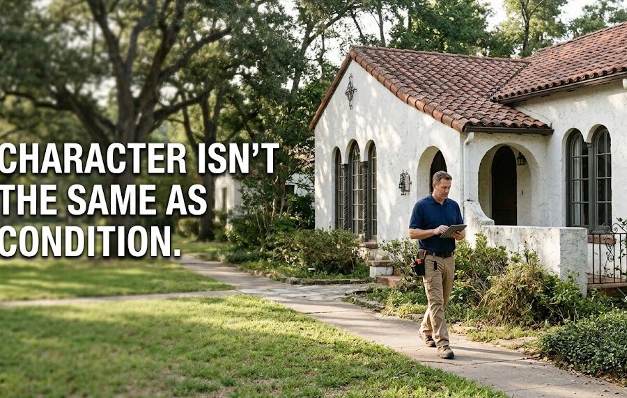 Greenway Parks home inspector evaluating a historic revival-style home in Dallas, Texas