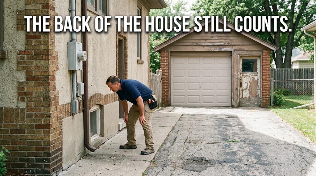 Home inspector examining the street-side service entrance and driveway of a Greenway Parks home