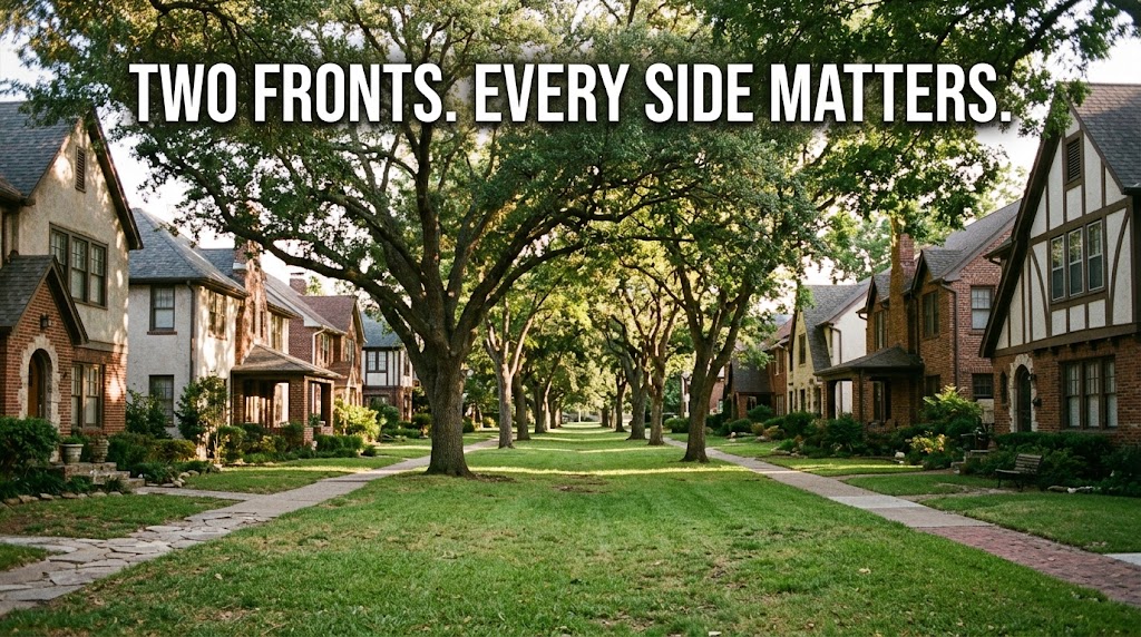 Older homes facing a shared greenbelt in the Greenway Parks neighborhood of Dallas