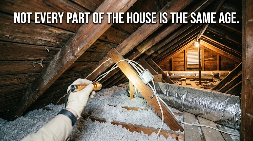 Attic showing original framing alongside newer systems in a renovated Highland Park home