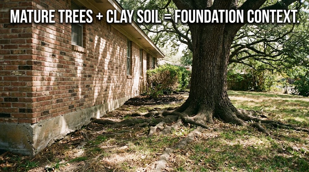 Mature tree near the foundation of an older home, illustrating foundation context in Highland Park