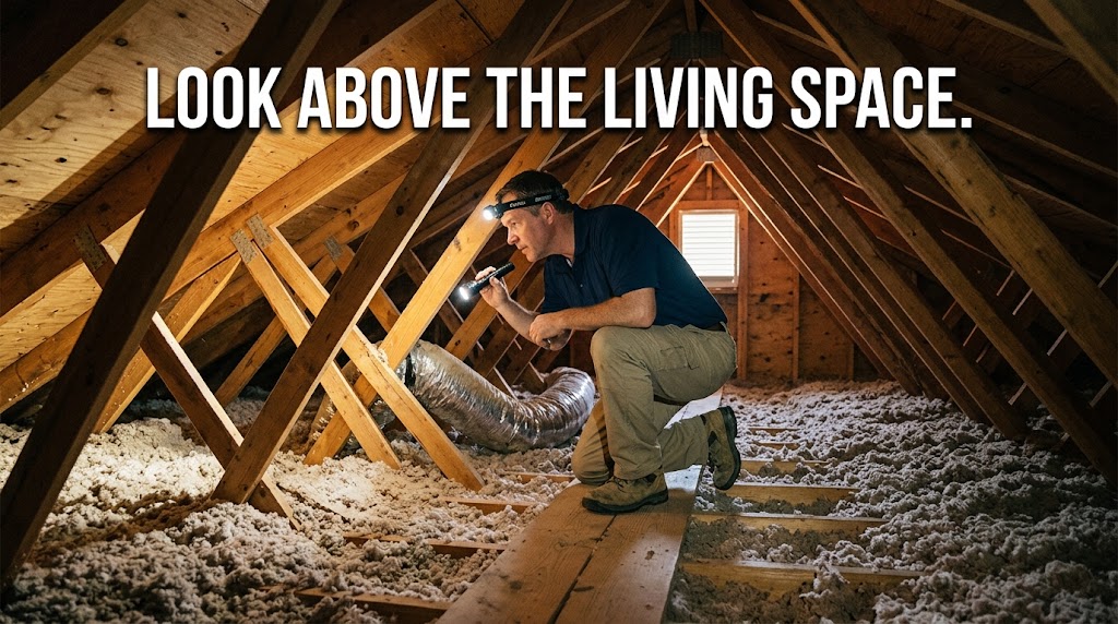 Home inspector examining attic framing, insulation, and ductwork during a home inspection
