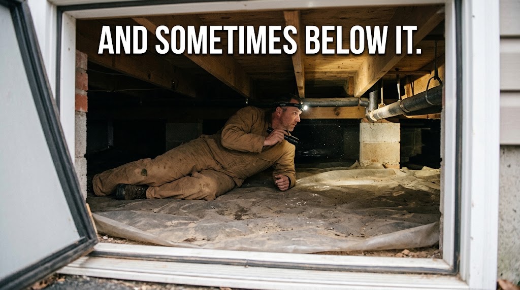 Home inspector evaluating visible conditions in an accessible crawl space