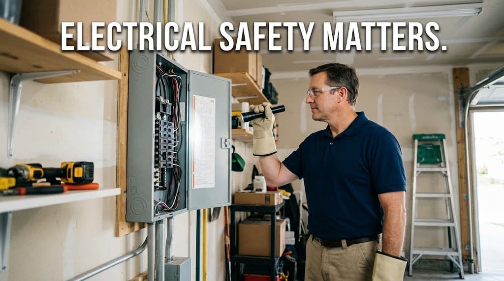 Home inspector safely evaluating an accessible residential electrical panel
