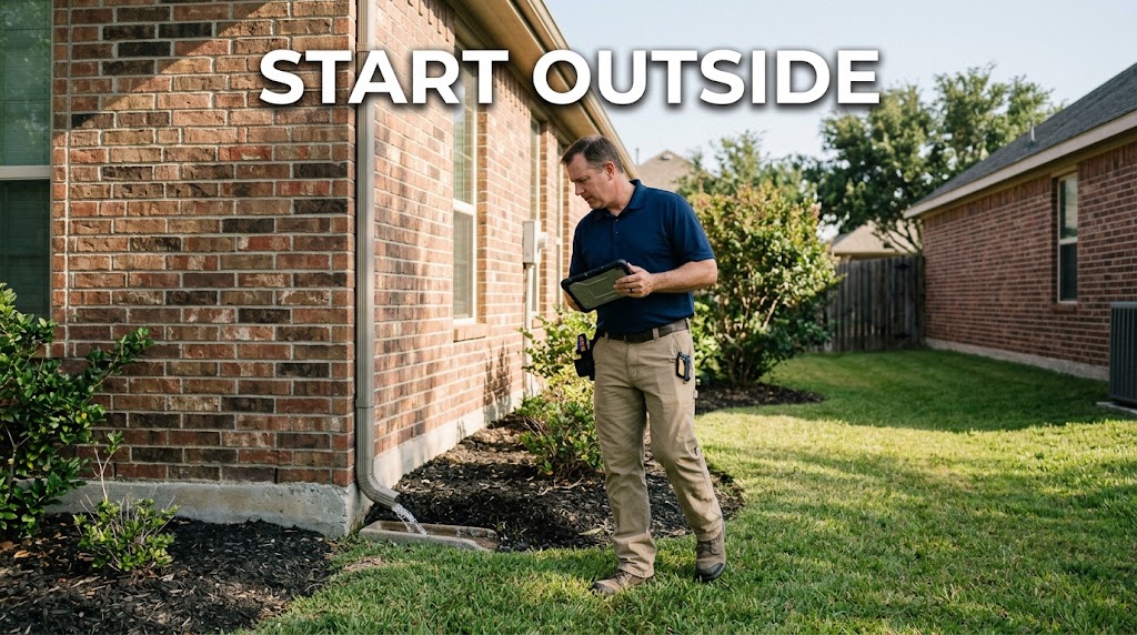 Home inspector evaluating exterior drainage and visible conditions around a house