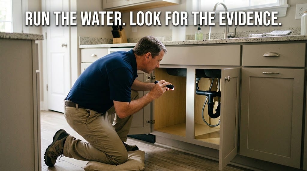 Home inspector checking under-sink plumbing for leakage evidence while water runs