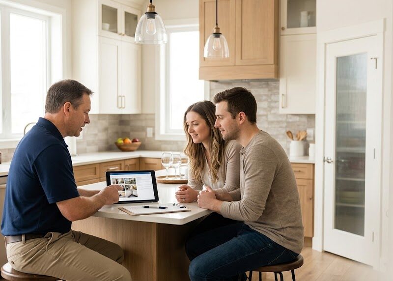 Home inspector reviewing home inspection red flags and findings with home buyers
