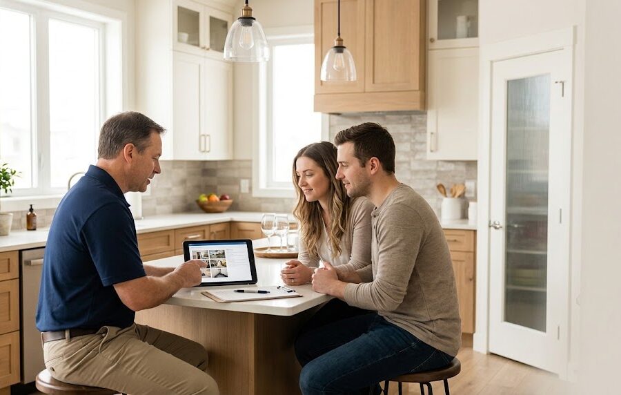 Home inspector reviewing home inspection red flags and findings with home buyers