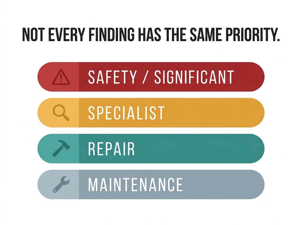 Graphic explaining different priority levels of findings in a home inspection report