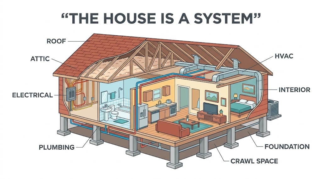 Cutaway diagram of a home showing systems commonly evaluated during a home inspection