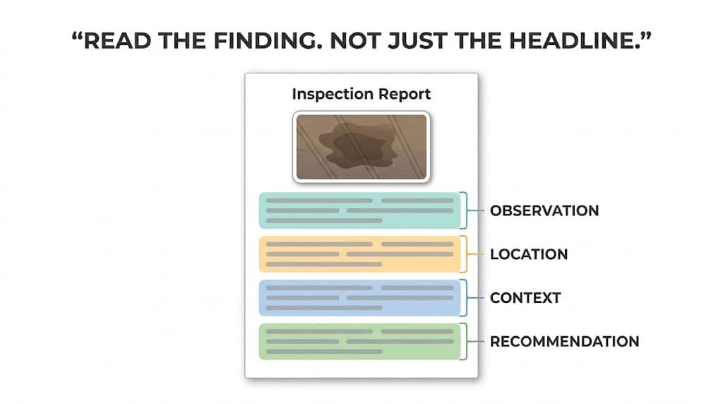 Diagram showing how buyers should review the parts of a home inspection finding
