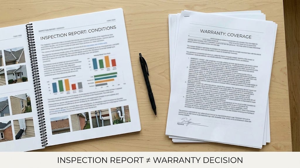 Inspection report beside builder warranty documents, showing they answer different questions