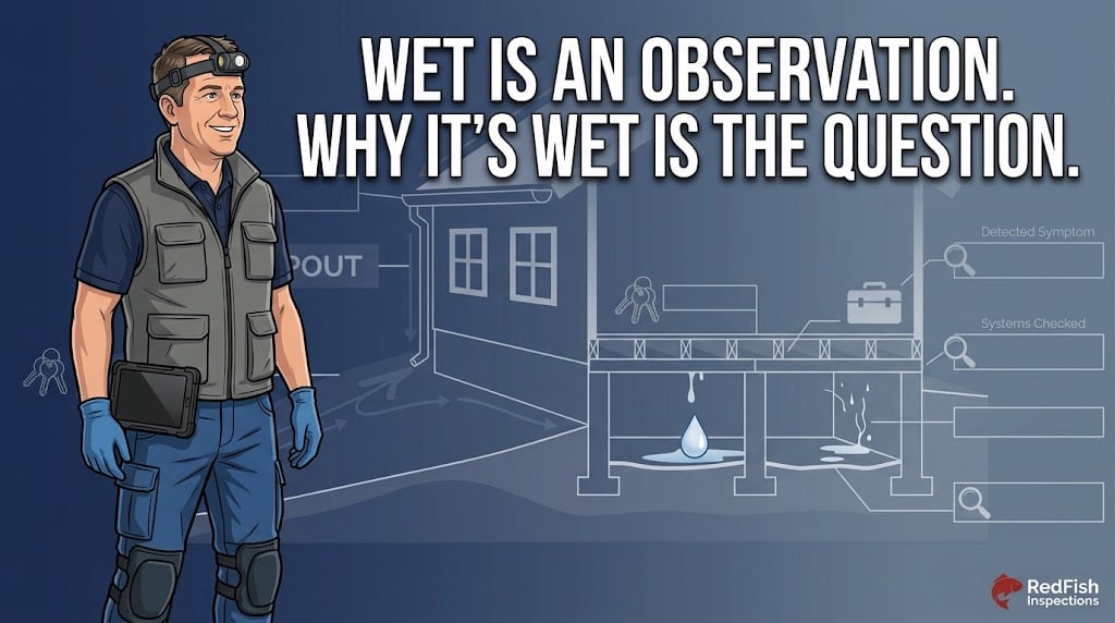 Inspector Hindsight explaining evidence-based crawl space moisture inspection