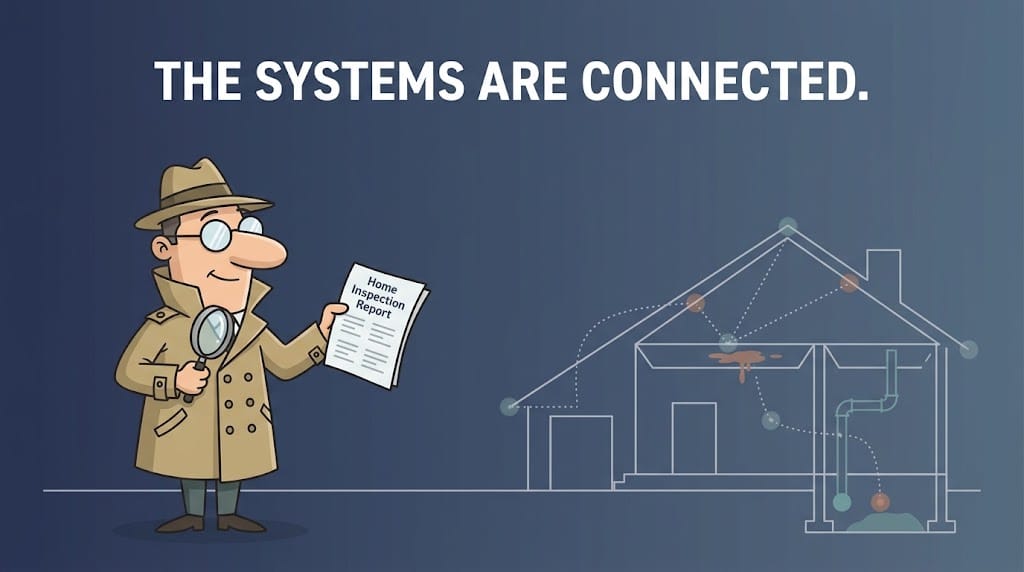 Inspector Hindsight explaining how building systems relate during a home inspection