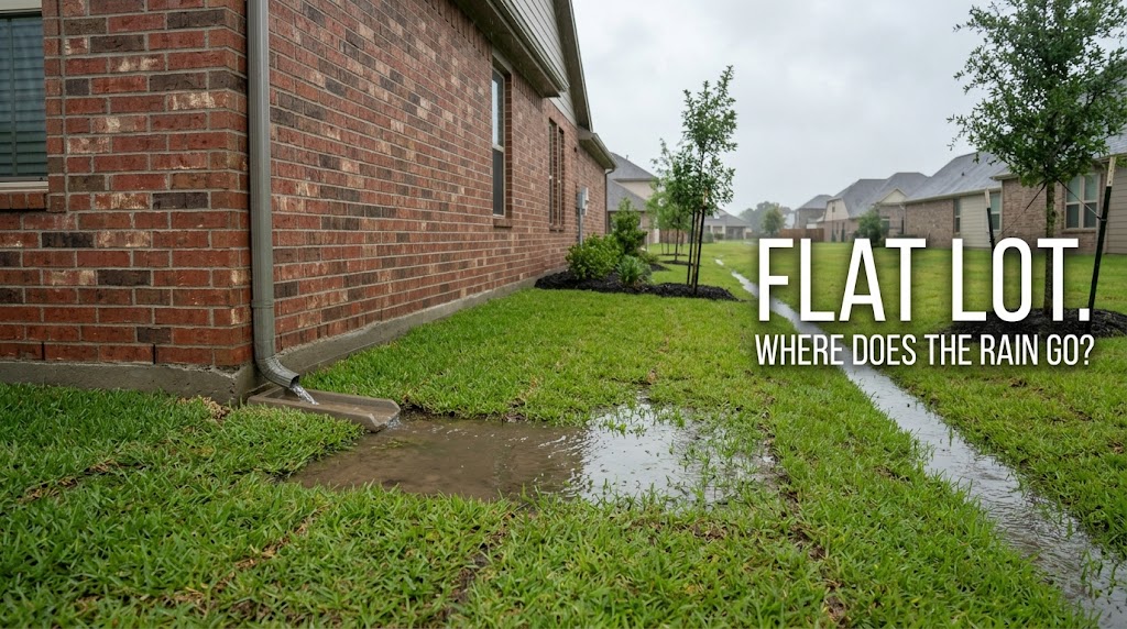 Standing water near the foundation of a new home on a flat lot in Iowa Colony, Texas