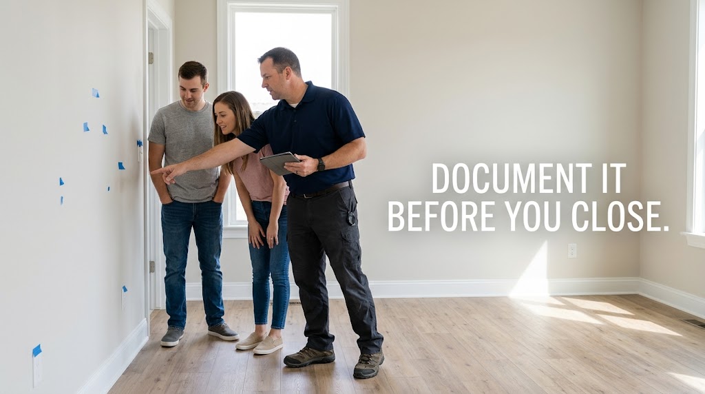 Home buyers and inspector reviewing marked items during a new home final walkthrough in Manvel