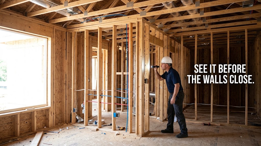 Home inspector examining framing and systems during a pre-drywall inspection in a Manvel new build