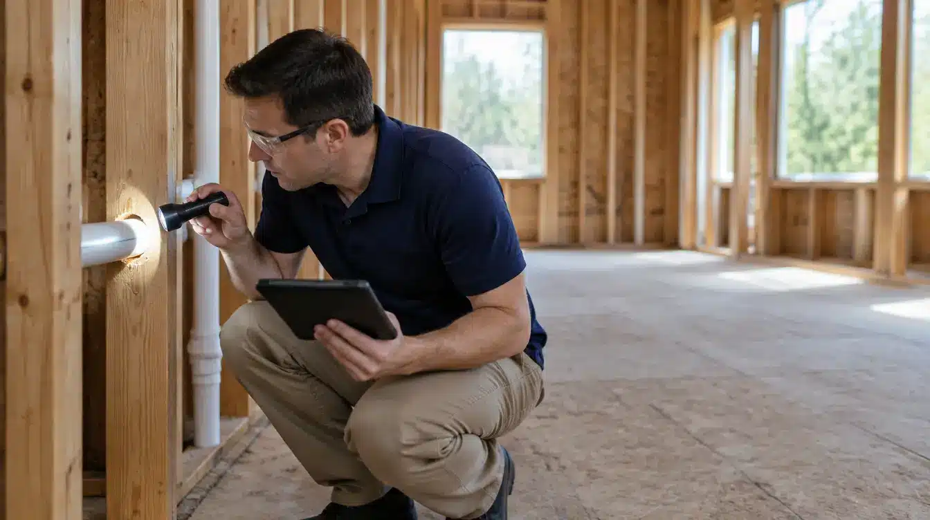 Inspector examining a pipe passing through drilled framing during new home construction
