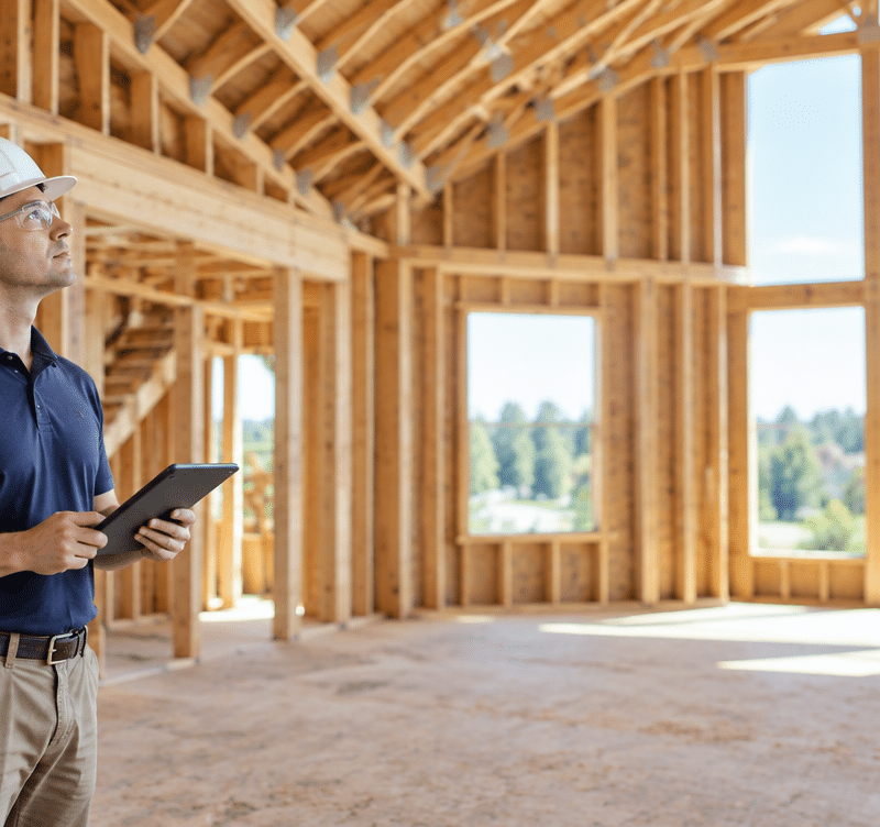 Home inspector evaluating visible framing during a new construction home inspection before drywall