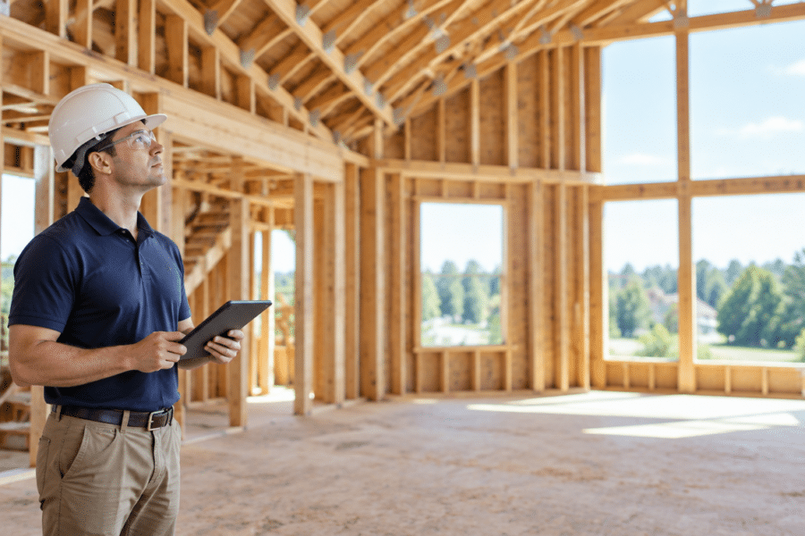 Home inspector evaluating visible framing during a new construction home inspection before drywall