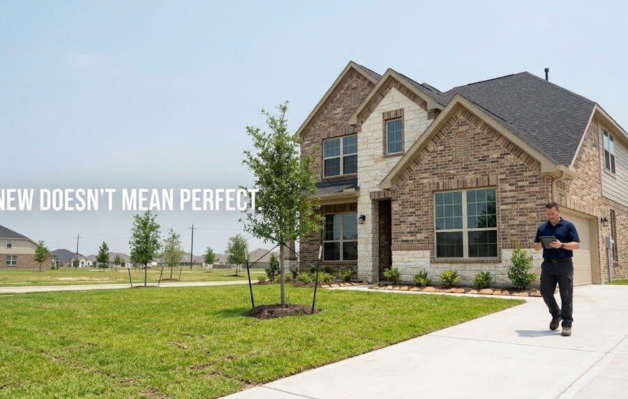 Home inspector evaluating a new construction home in Manvel, Texas