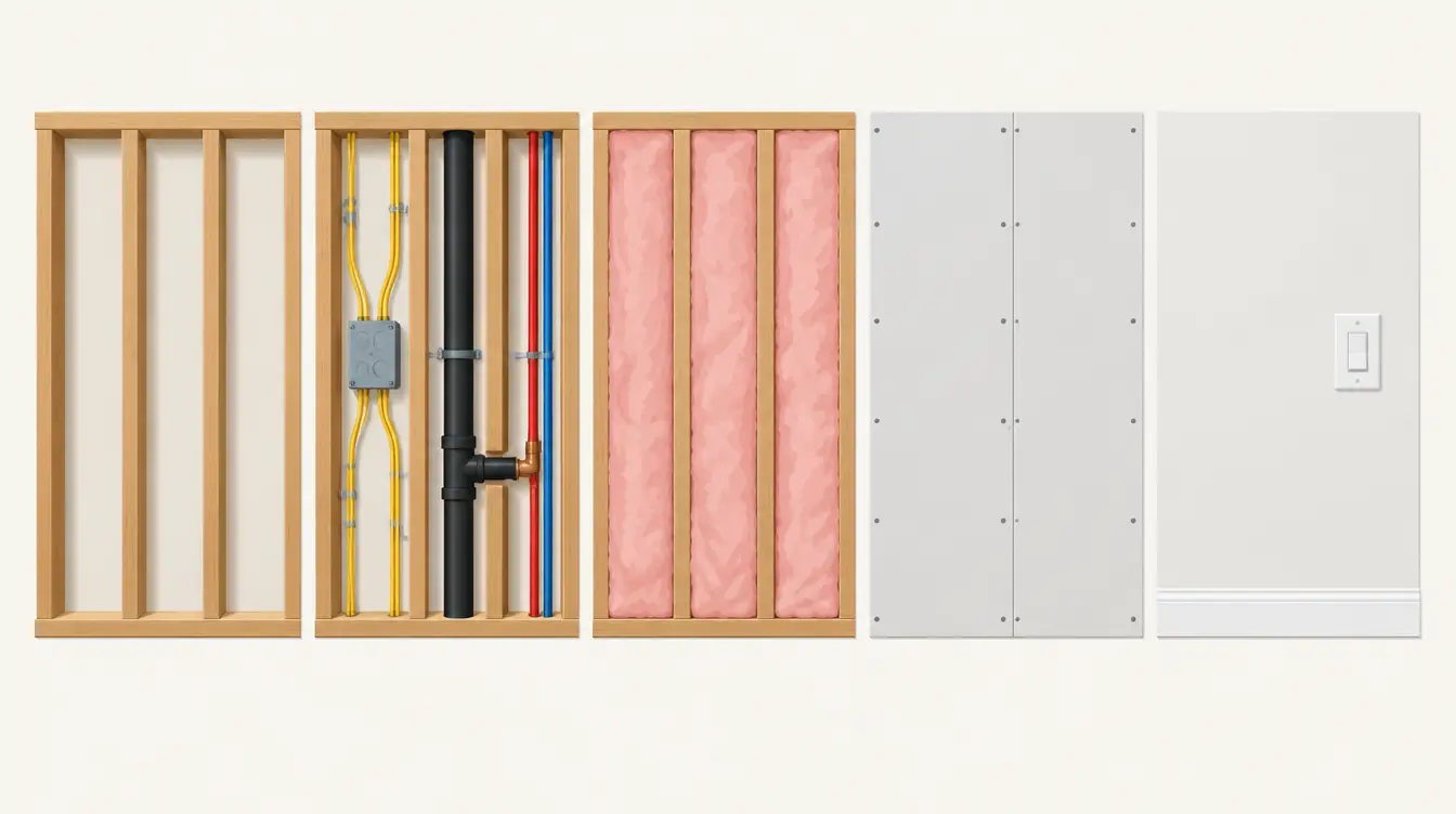 Wall cross-section showing how framing and rough-in components become concealed as construction progresses