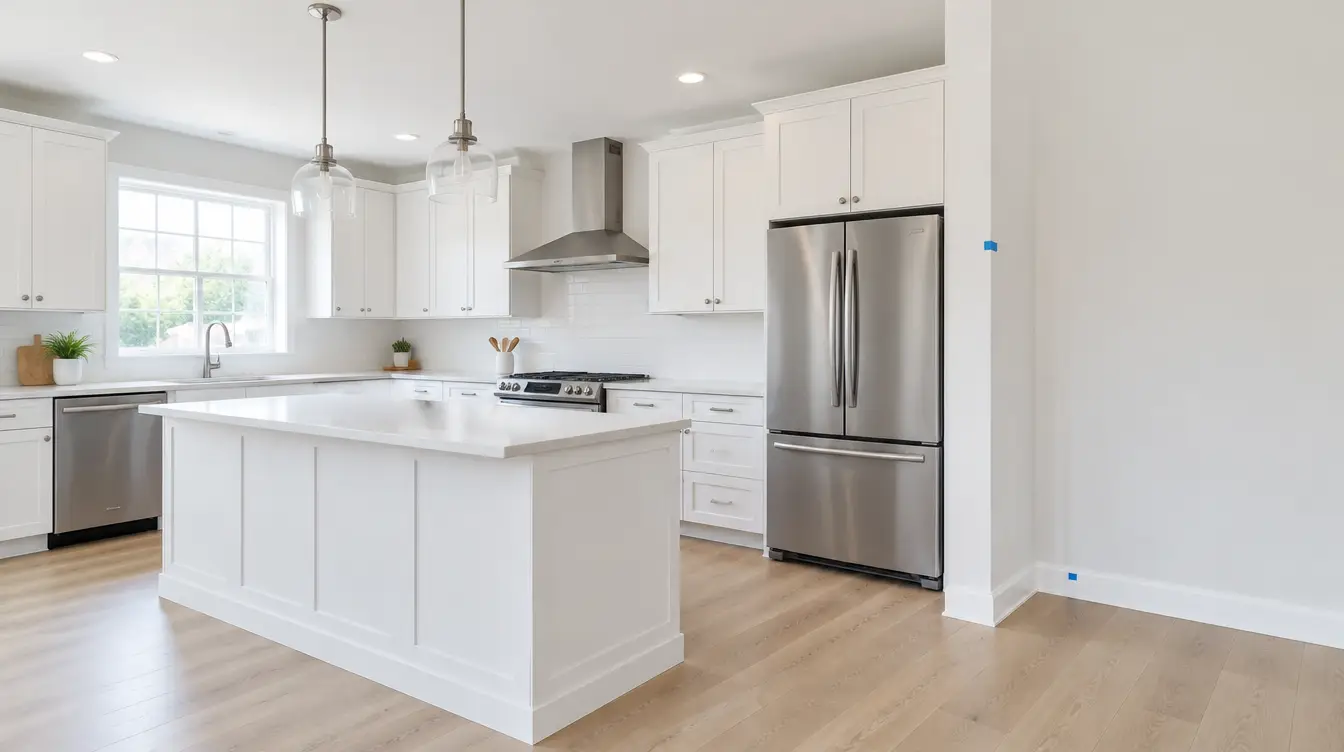 Blue painter's tape marking touch-up items in a new kitchen during a buyer walkthrough