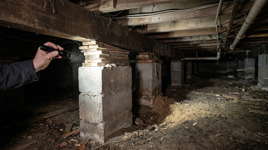 Shimmed pier supporting a beam in the crawl space of an older East Harris County home