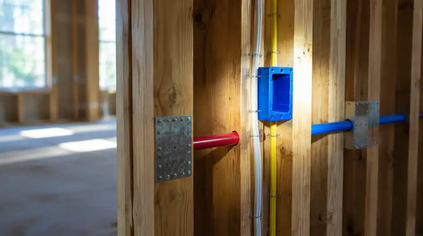 Exposed wiring, plumbing, and protection plates in an open wall cavity during a pre-drywall inspection