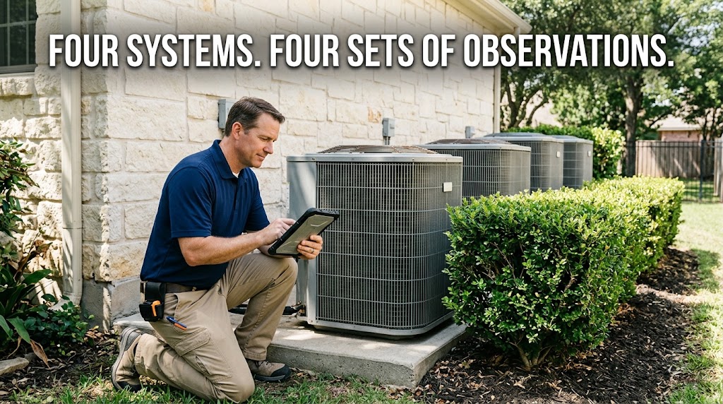 Multiple HVAC condenser units at a Preston Hollow estate home in Dallas