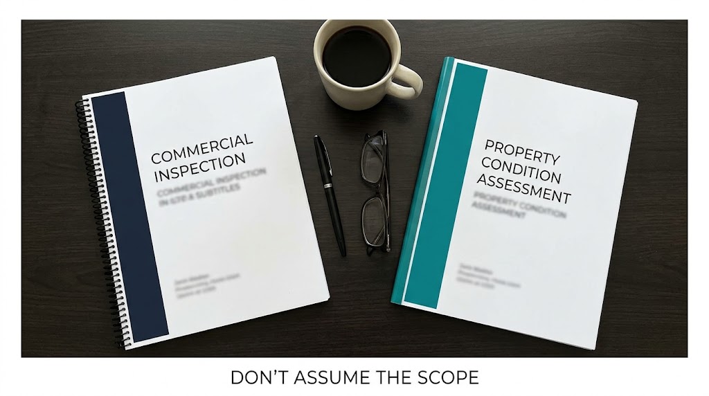 Two reports side by side, encouraging clients to verify commercial inspection and property condition assessment scope