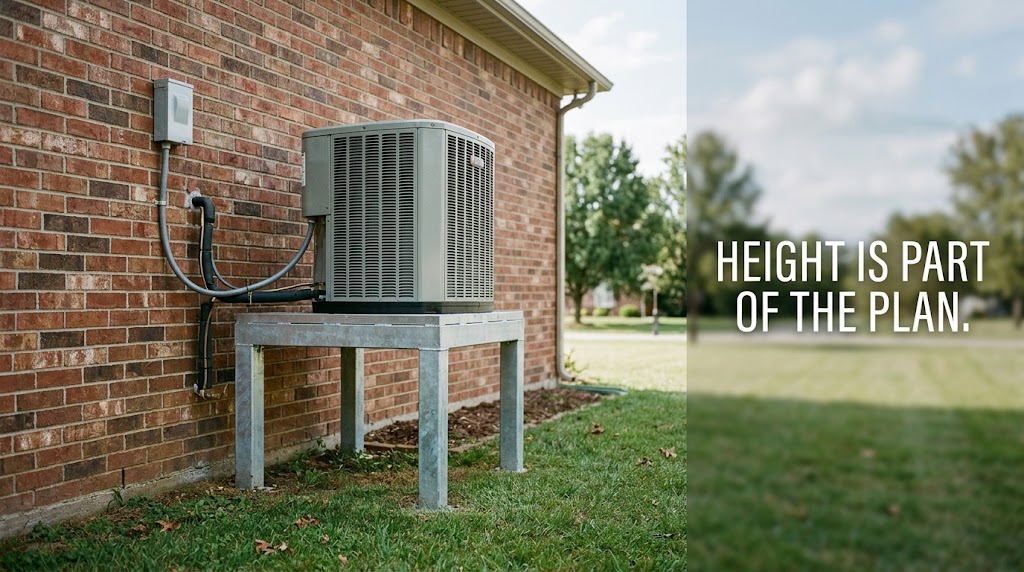 Outdoor AC condenser raised on a platform beside a home in a flood-aware area