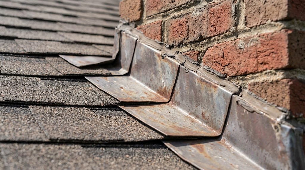 Close-up of roof flashing at a chimney transition inspected for water-management concerns