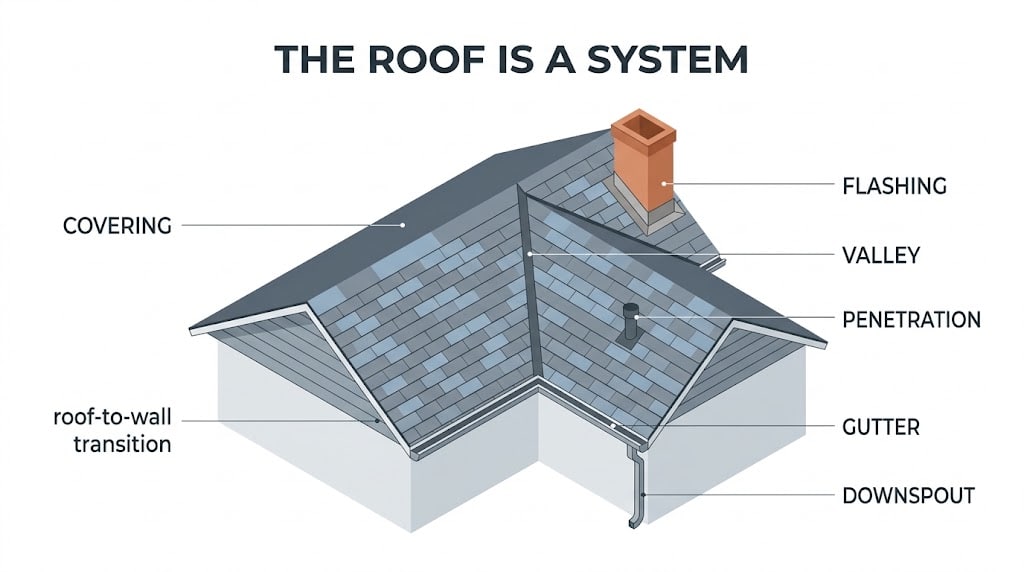 Roof inspection checklist diagram showing roofing, flashing, valleys, penetrations, gutters, and drainage