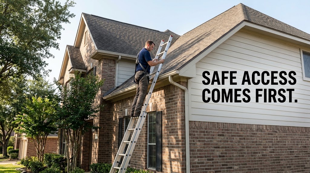 Home inspector observing a steep roof from a safe ladder vantage point