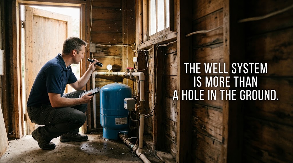 Home inspector checking a well pressure tank and gauge at a rural Brazoria County property