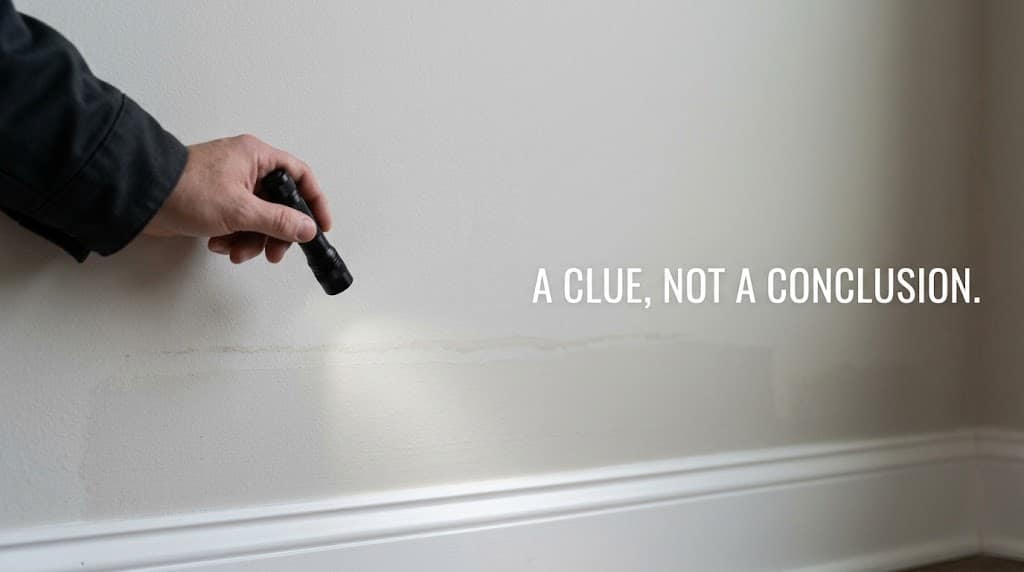 Faint stain line and newer baseboard that may suggest past water at a Brazoria County home