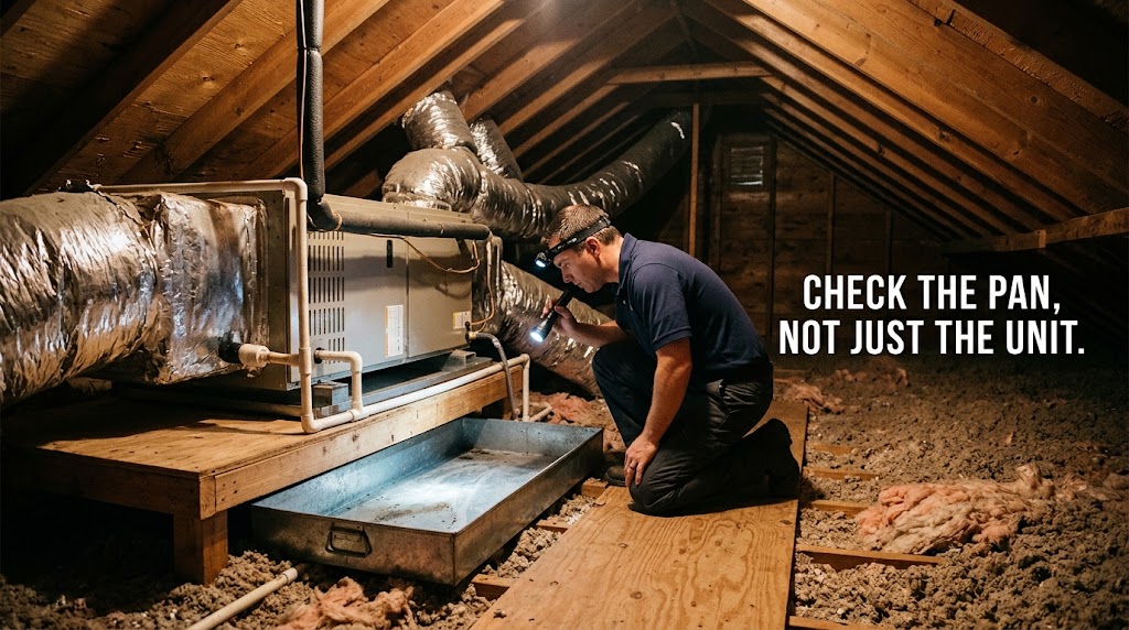 Home inspector checking an attic HVAC unit and secondary drain pan in a Southlake home