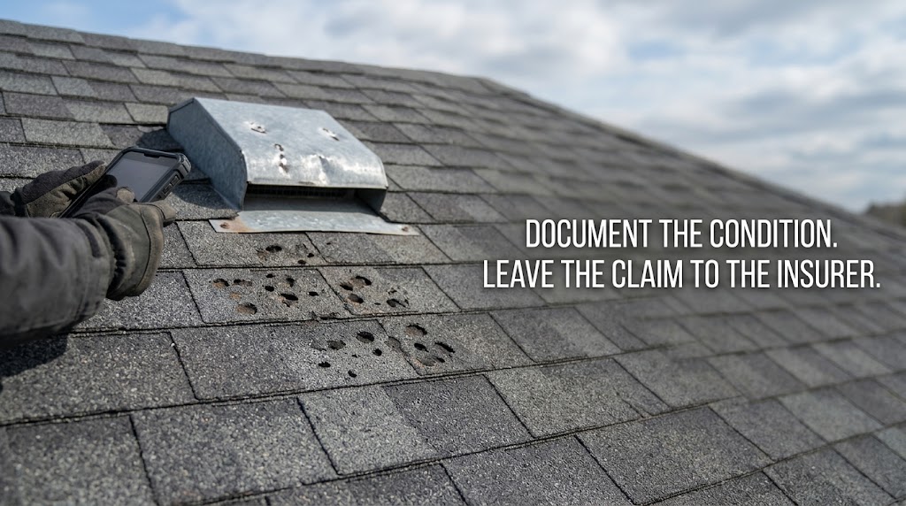 Home inspector documenting visible roof surface conditions on a Southlake home after storm exposure