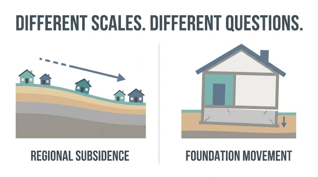 Diagram comparing regional land subsidence with movement within a single home's foundation